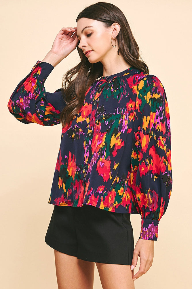 Print China Collar Blouse