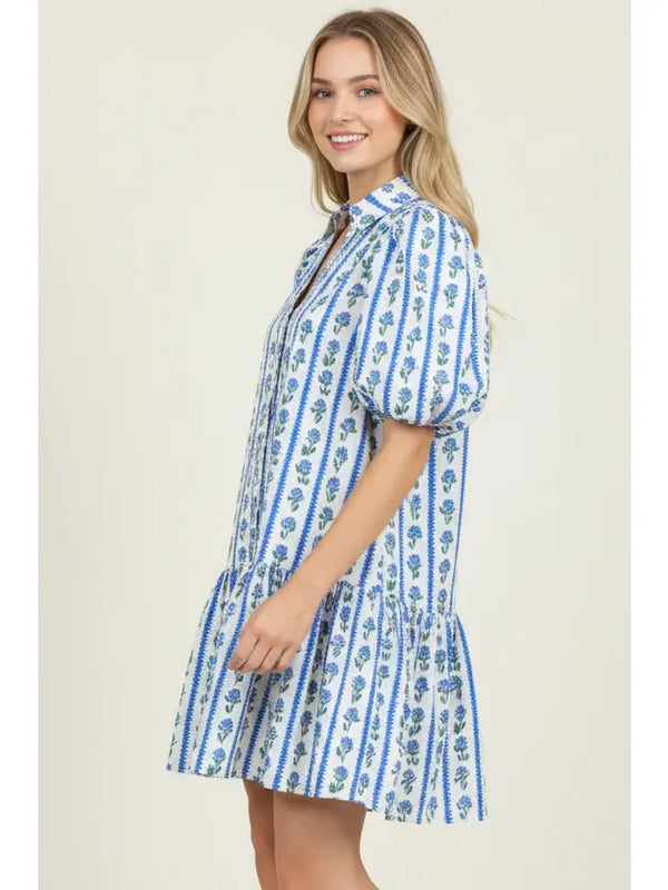 Blue Floral Stripe Puffed Sleeve Mini Dress