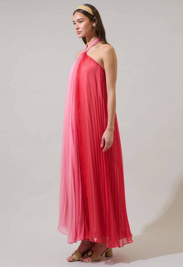 Galena Halter Pink Pleated Maxi Dress