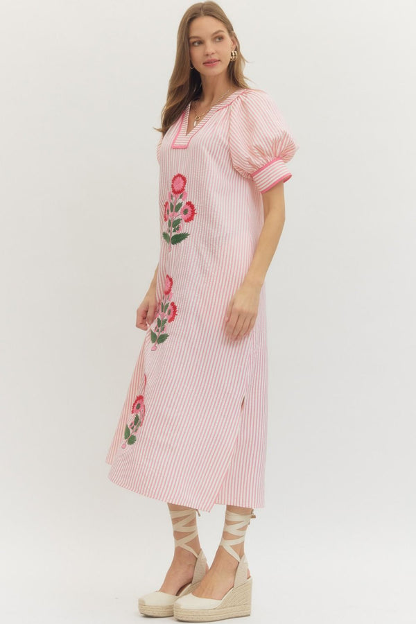 Pink Stripe Midi Dress w Floral Embroidery