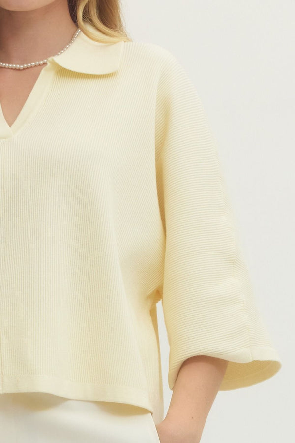 Butter Solid Knit Top w V-neck Collar