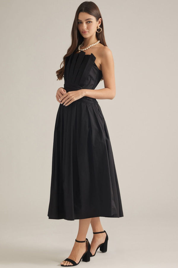 Solid Black Strapless Midi Dress featuring Pleated Bodice