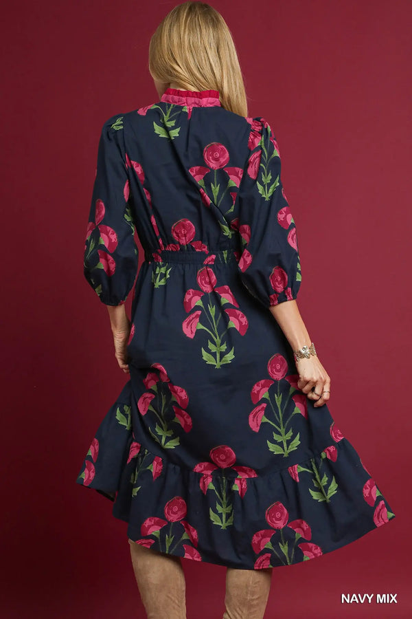 Navy Floral Midi Dress with Ruffle Trim and Elastic Waist