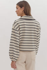 Lace Trim Tie Front Stripe Cardigan