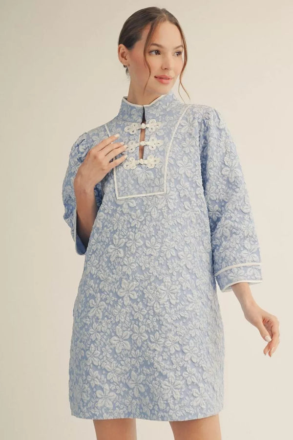 Blue Floral Jacquard Dress w Front Chinese Knots Frog Buttons