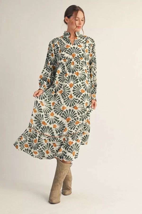 Olive Boho Print Midi Dress