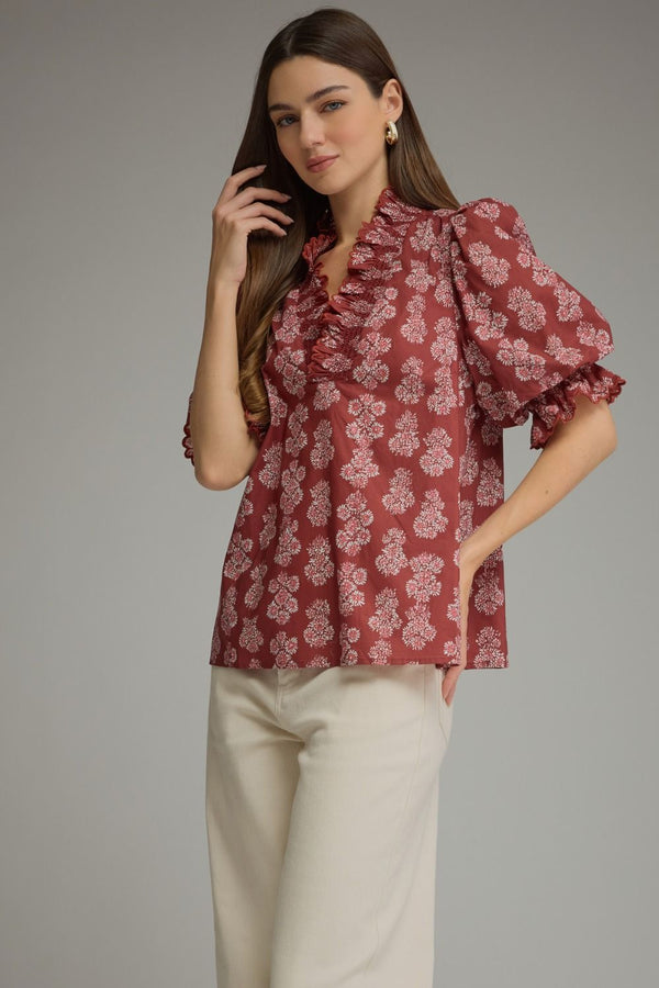 Burgundy Floral Print Puff Sleeve Top w Ruffled V-neckline