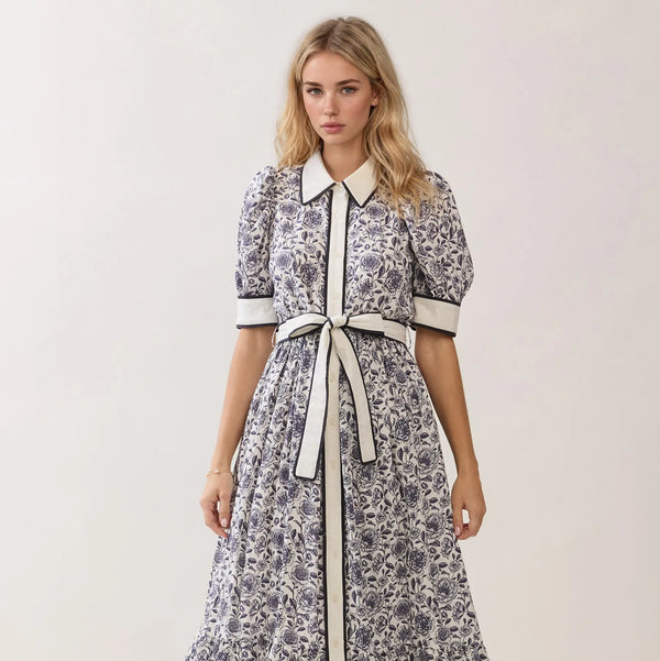 Print Contrast Trim Detail Button Down Dress