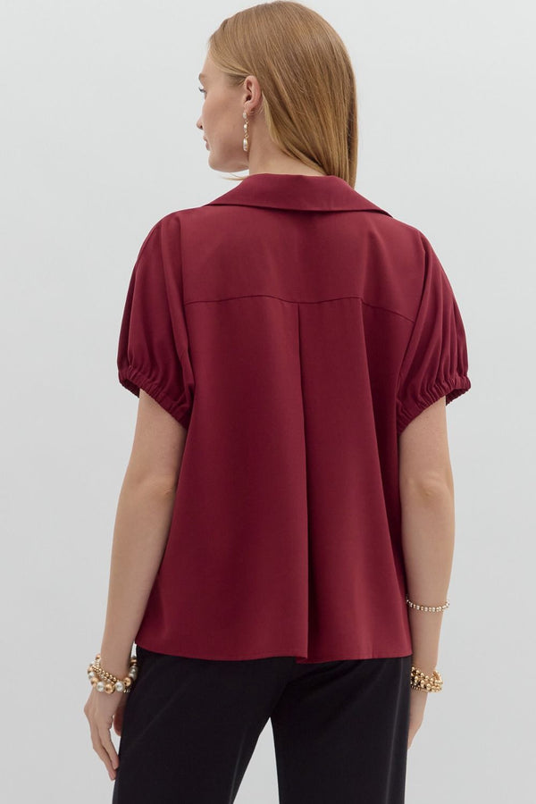 Solid Burgundy Short Sleeve Split Collar