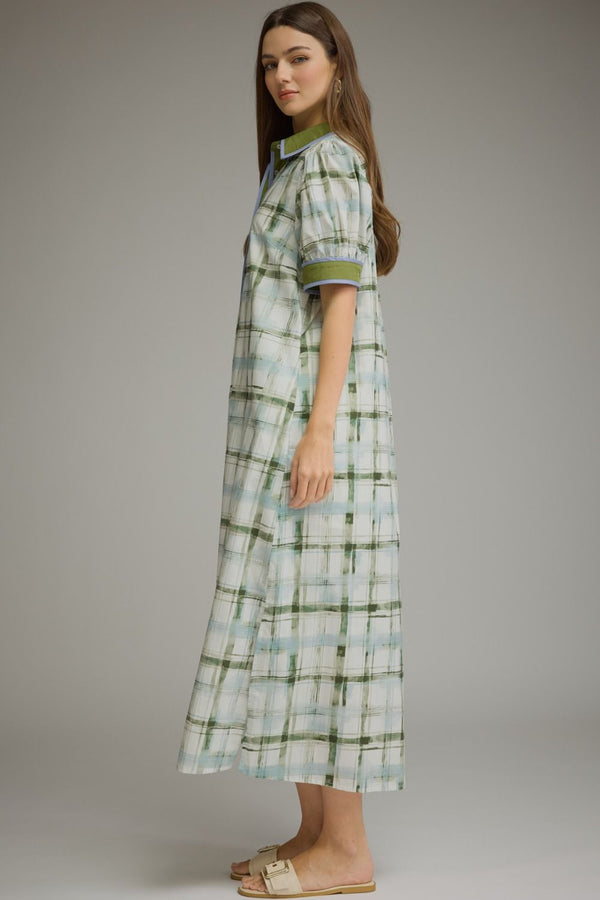 Olive Plaid Short Puff Sleeve Midi Dress