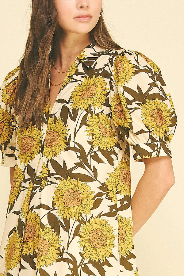 Golden Sunflower Puff Sleeve Midi Dress