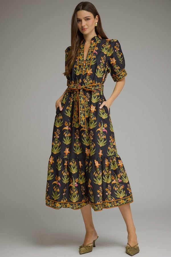 Black Floral Print Short Puff Sleeve Midi Dress