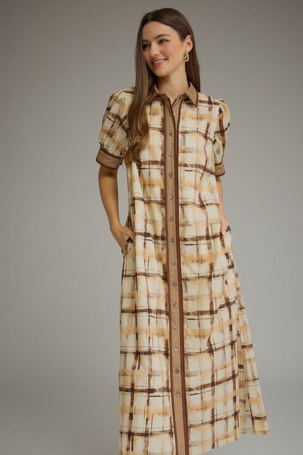 Brown Plaid Puff Sleeve Midi Dress w Contrast Trim