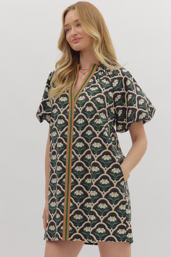 Botanical Print Short Puff Sleeve Mini Dress