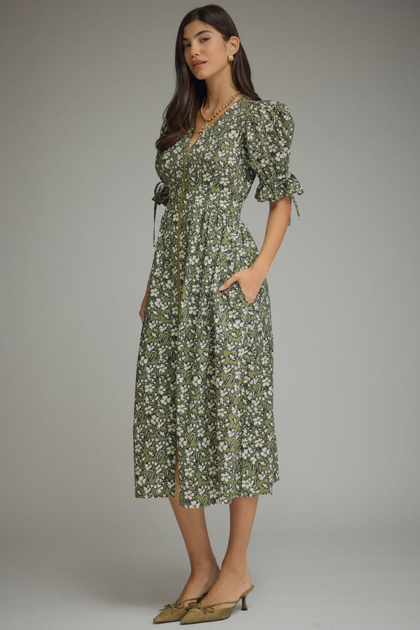 Olive Floral Print Puff Sleeve Midi Dress w Front Zipper Closure
