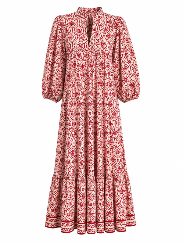 Red Geometric Maxi Puff Sleeve Dress W Pockets