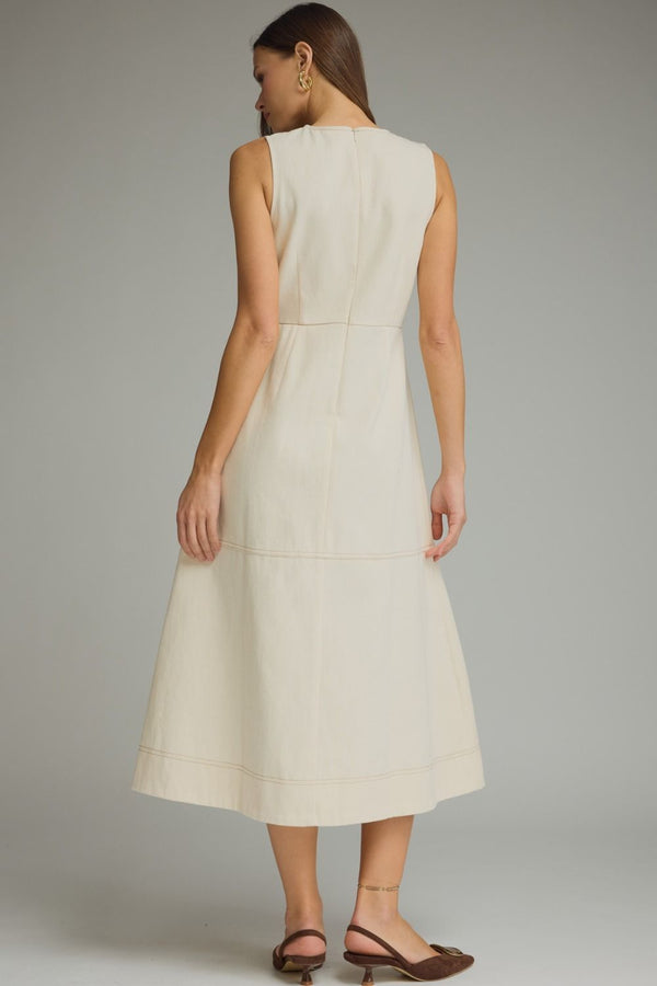 Ecru Sleeveless Midi Dress w Horsebit Accent Detail