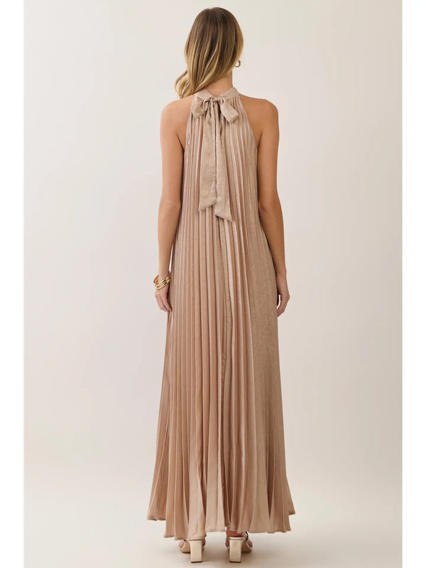 Gold Metallic Pleated Halter Maxi Dress
