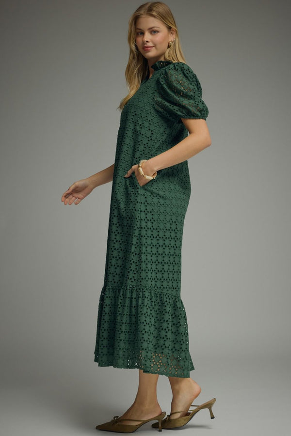 Green Eyelet Puff Sleeve Midi Dress w Ruffled Mock Neck