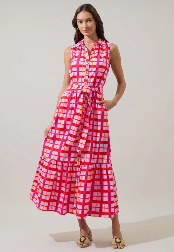 Darvy Pink & Orange Checker Cileah Collared Maxi Dress