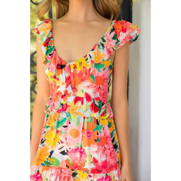 Pink Floral Ruffle Tiered Maxi Dress