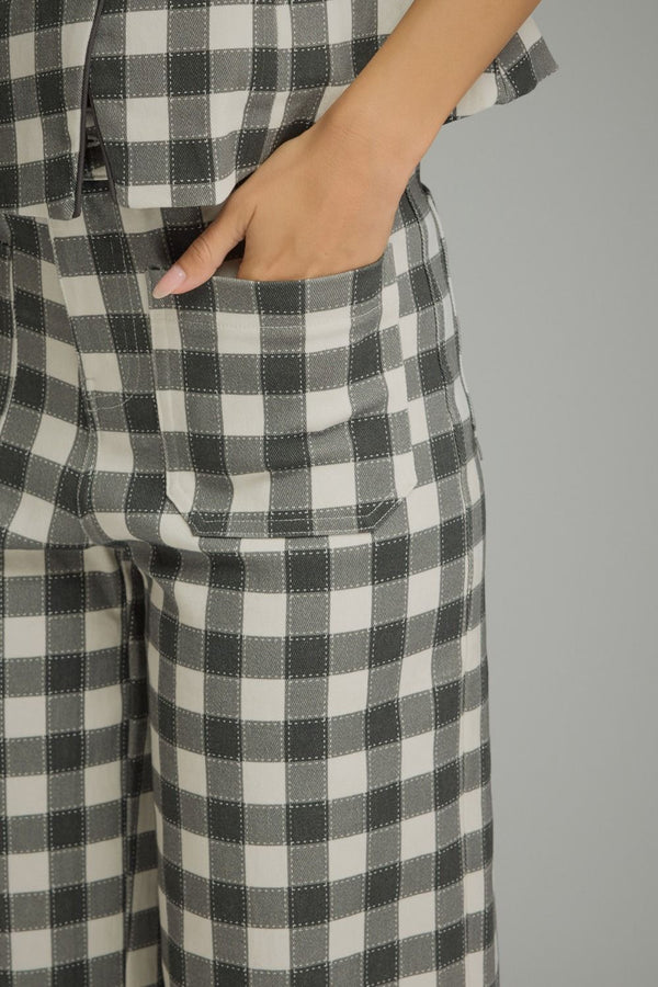 Black Gingham Wide Leg Pants w Front Pockets