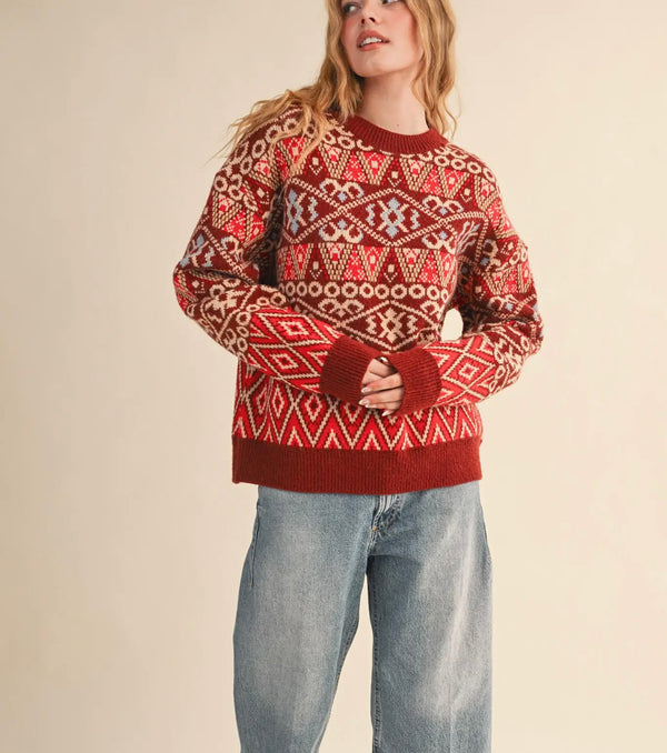 Burgundy Fair Isle Sweater Pullover
