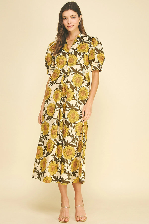 Golden Sunflower Puff Sleeve Midi Dress
