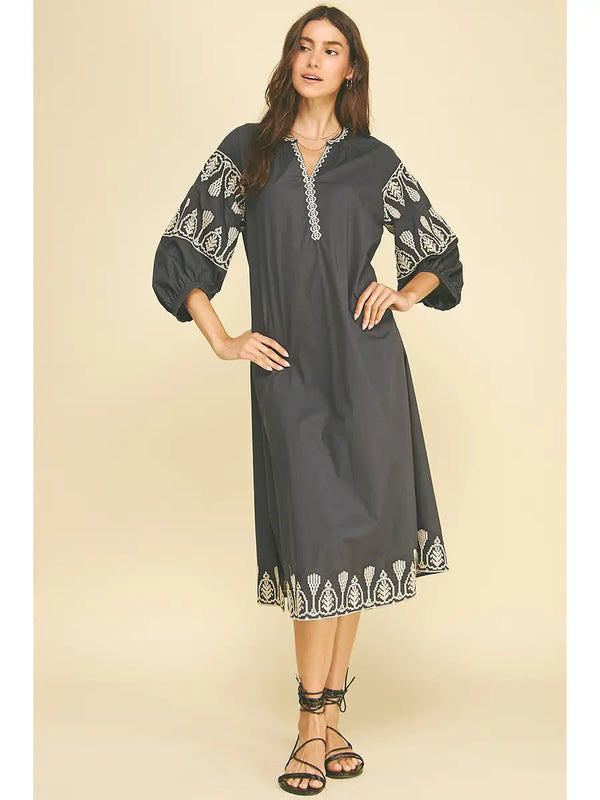Boho Ink Embroidered Midi Dress