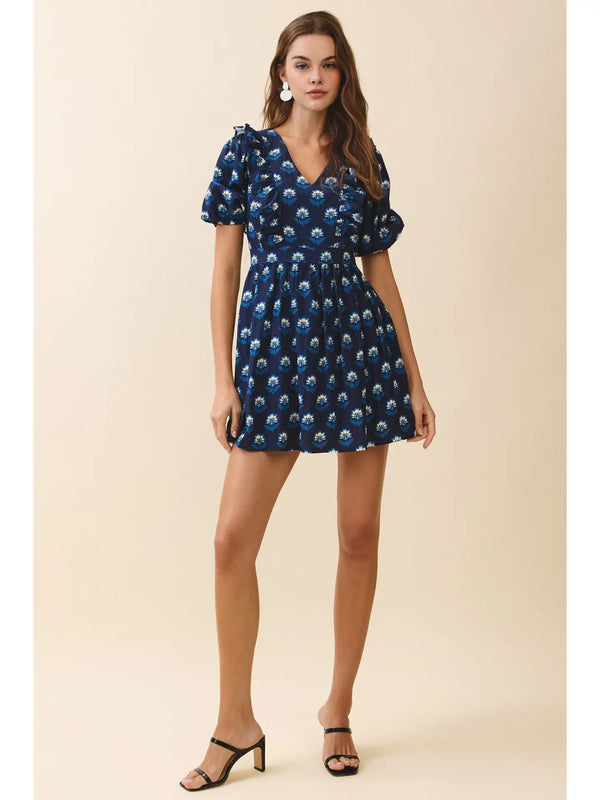 Navy Floral Print V Neck Cascading Ruffle Detail Dress