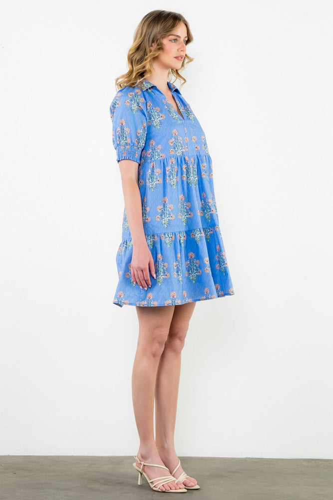 Blue Puff Sleeve Floral Dress