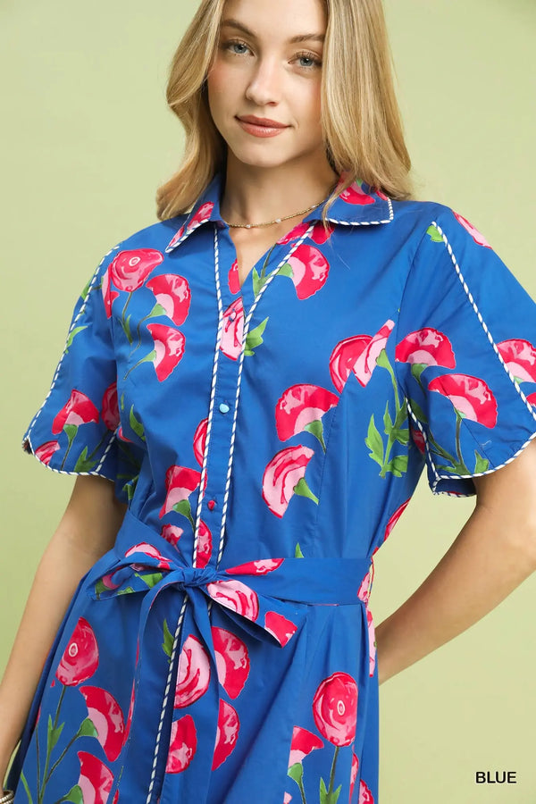 Blue Floral Belted Midi Dress
