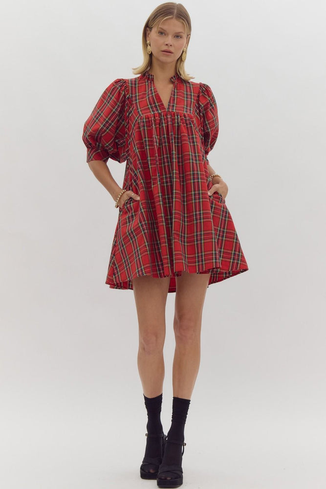 Red Plaid V-neck Mini Dress