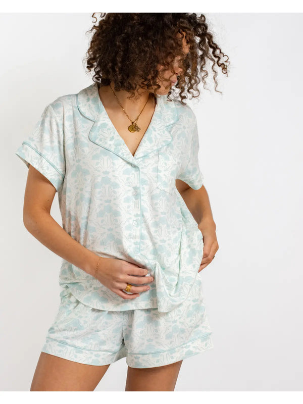 Royal Turnbridge Short Sleeve Button Up Sleep Shirt Soft White/Blue