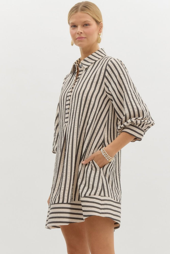 Striped Seersucker Mini Dress - Black/Cream