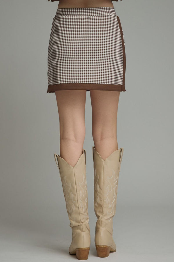 Brown Lined Gingham Mini Skirt