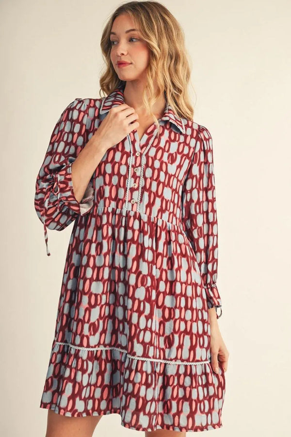 Drawstring Tie Detail Sleeves Burgundy Polka Dot Dress
