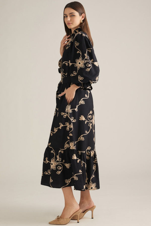Black Floral Embroidered Puff Sleeve Midi Dress