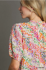 Abstract Print Top with Ruffle Trim