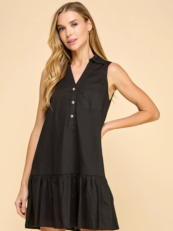 Black Sleeveless Dropped Waist Relaxed Fit Shirt Dress