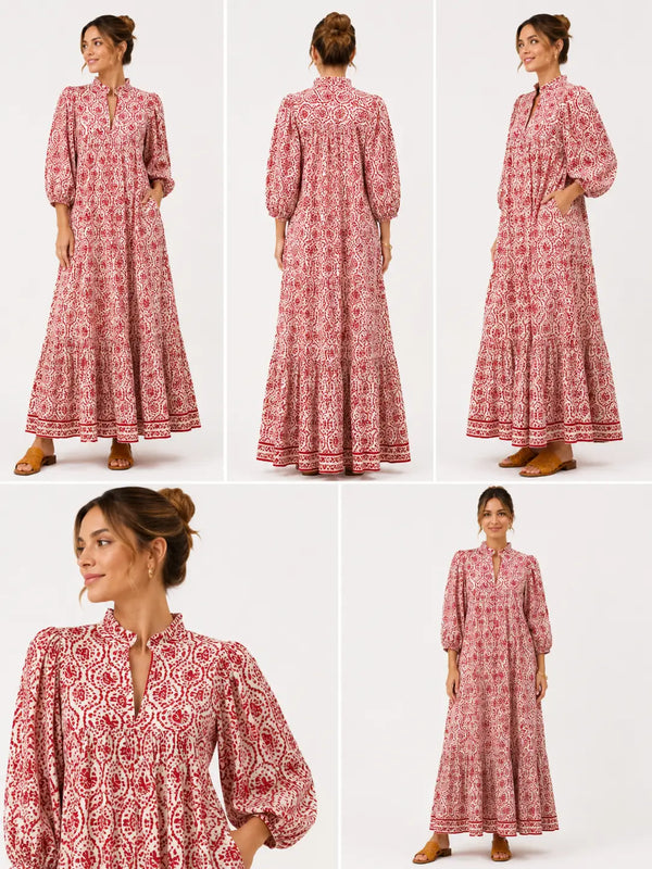 Red Geometric Maxi Puff Sleeve Dress W Pockets