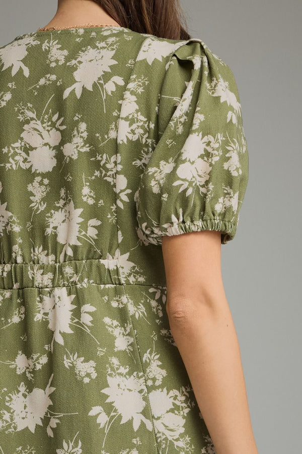 Olive Floral Puff Sleeve Mini Dress