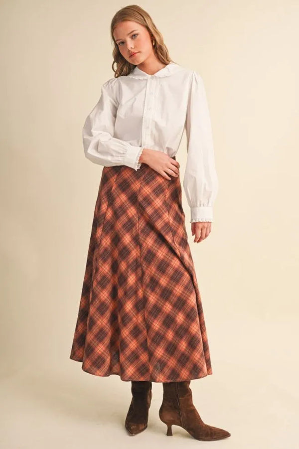Copper Brown Plaid Maxi Skirt