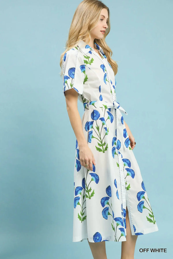 Off White Floral Belted Midi Dress