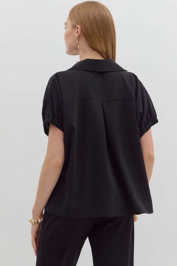 Solid Black Short Sleeve Split Collar