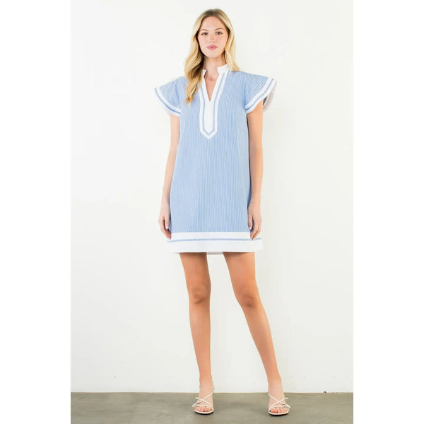 Blue Flutter Sleeve Striped V-Neck Dress