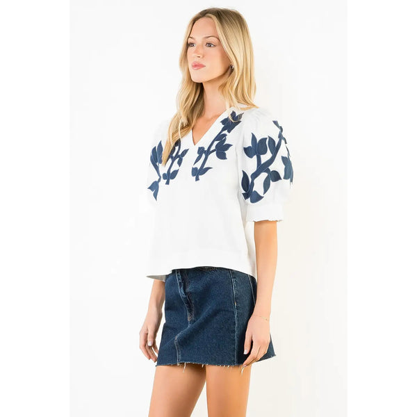 Emb Puff Sleeve White Top