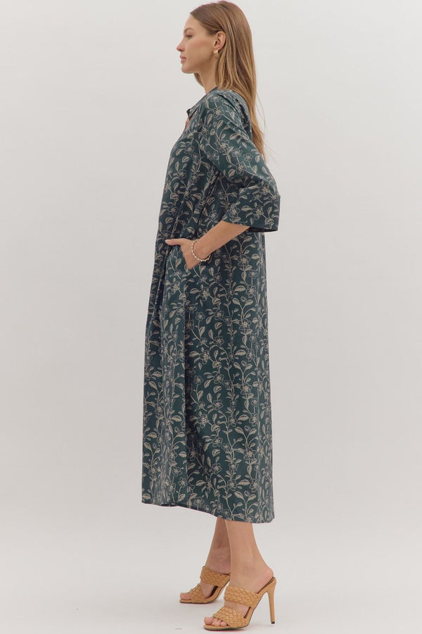 DK Navy Floral Print 3/4 Sleeve Midi Dress