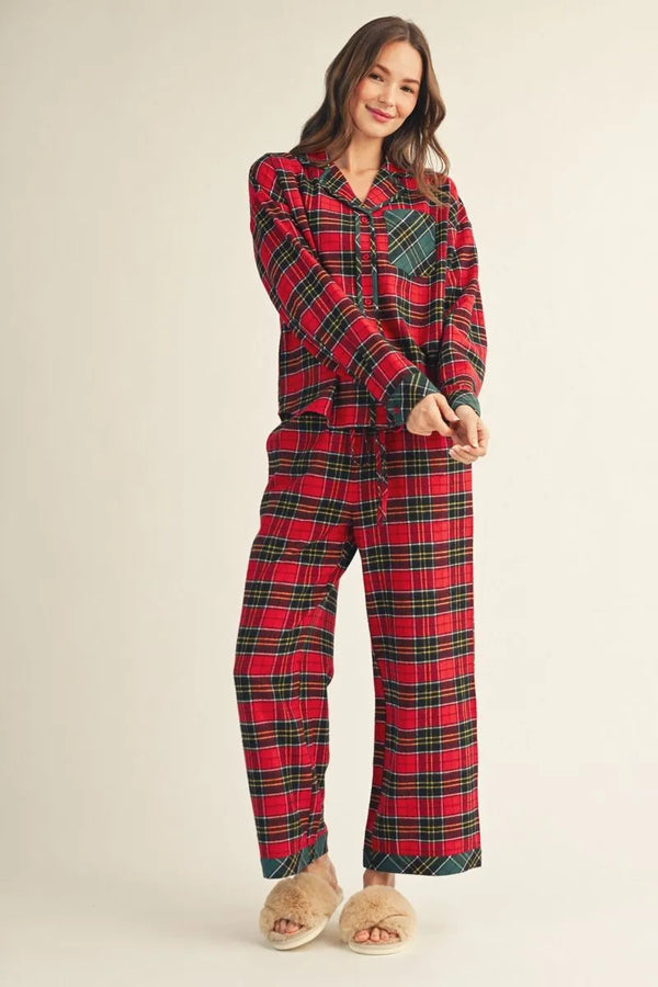 Red Plaid Pajama Set | Button Down Top & Drawstring Pants