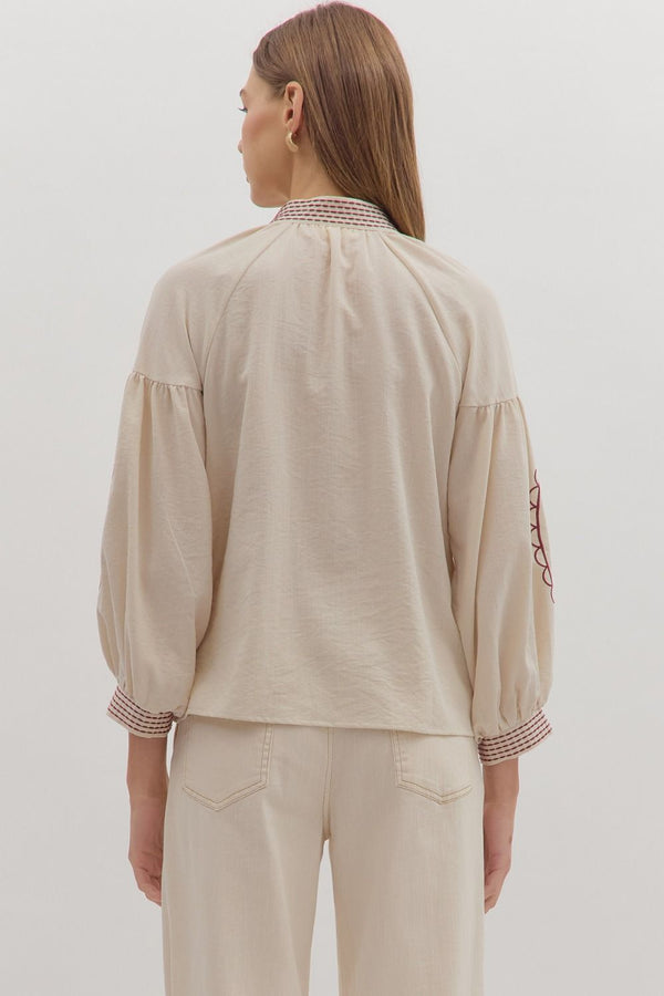 Ecru Long Sleeve Top w Floral Embroidery and Scallop Details